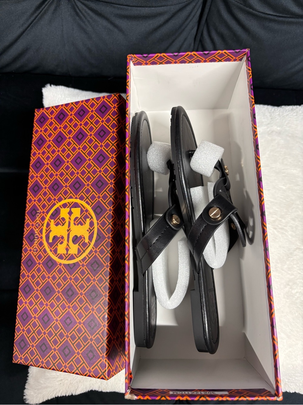 Tory Burch Black Leather Thong Sandals with Gold-Tone Logo Hardware